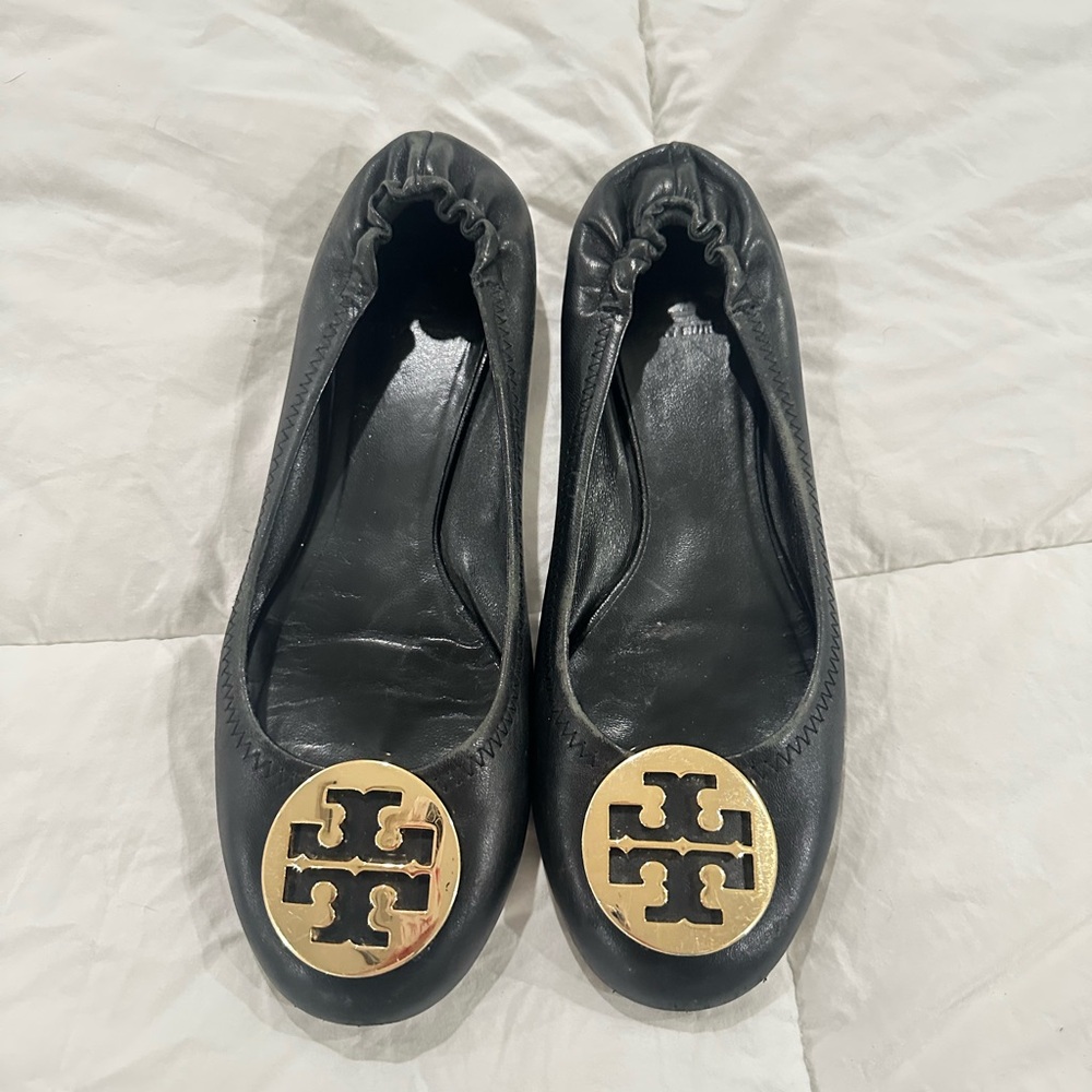 Tory Burch Black Flats with Gold Emblem